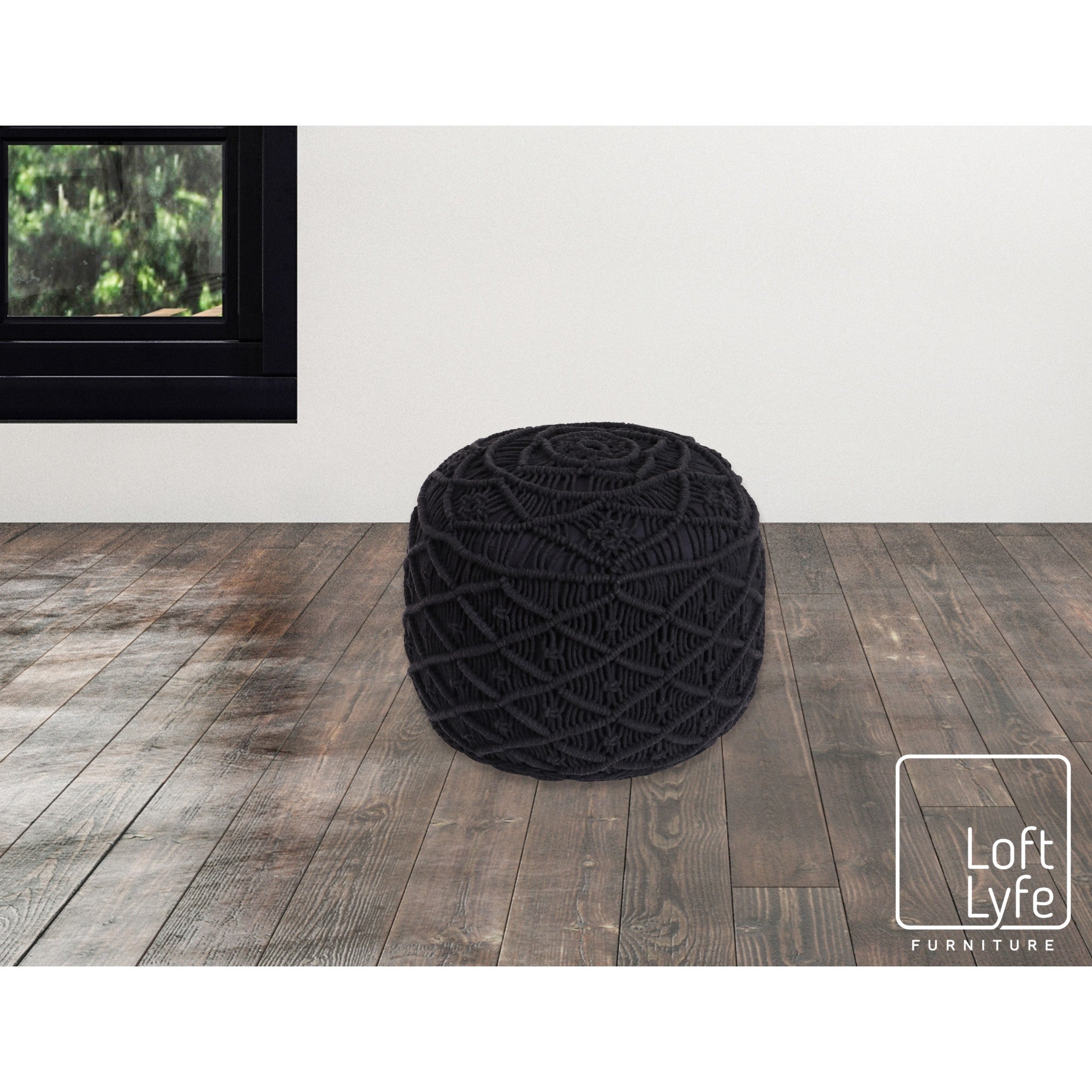 18" Black Cotton Blend Round Pouf Floral Ottoman