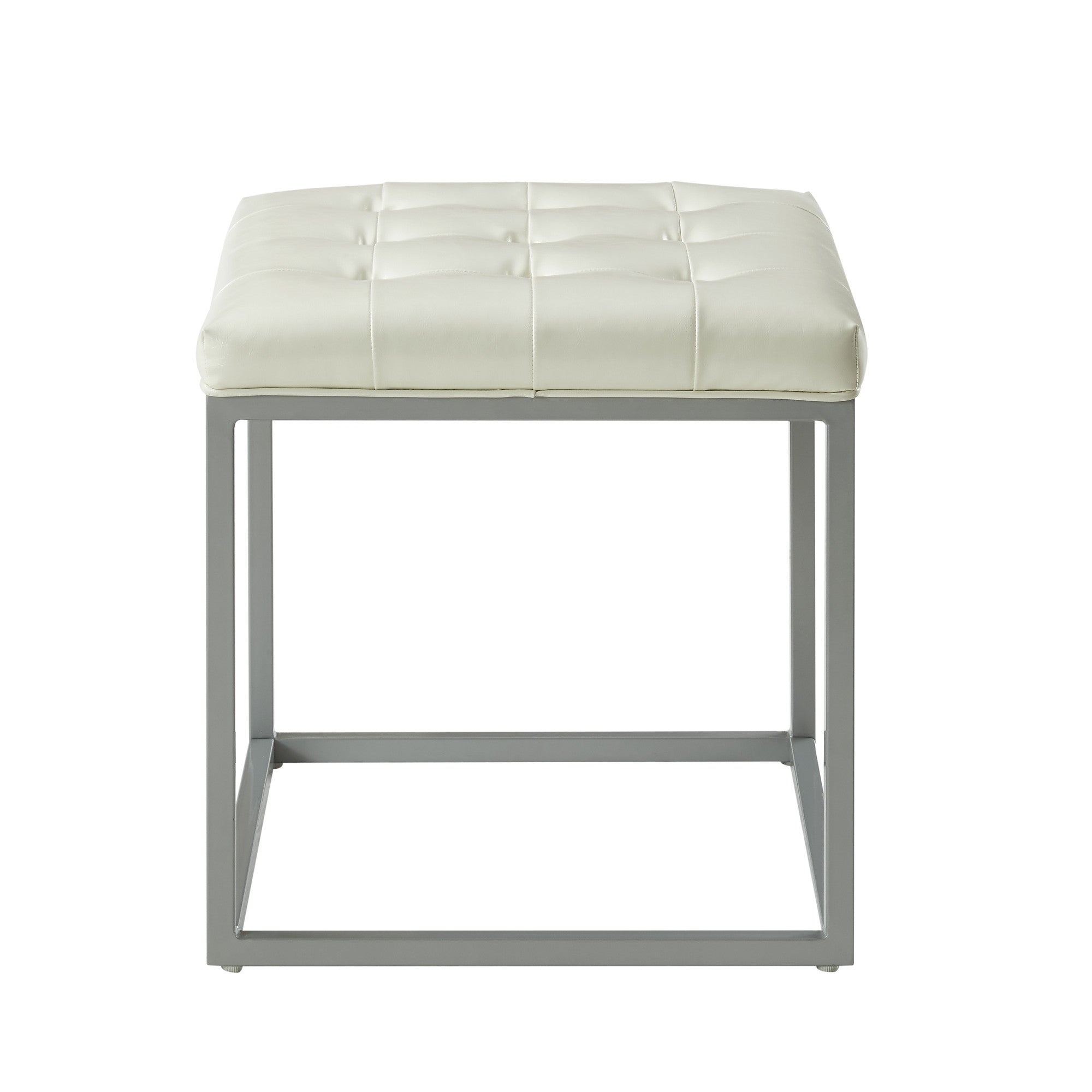 18" Cream White Faux Leather And Silver Cube Ottoman