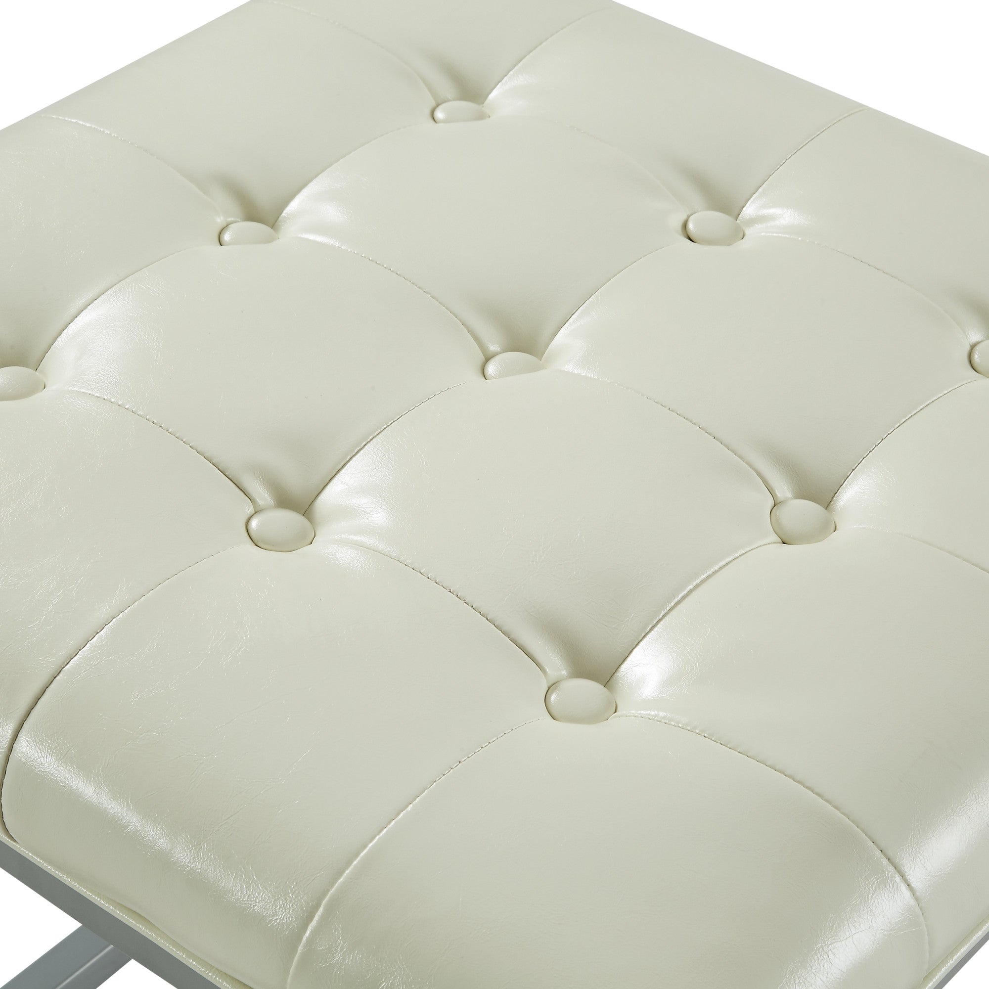 18" Cream White Faux Leather And Silver Cube Ottoman