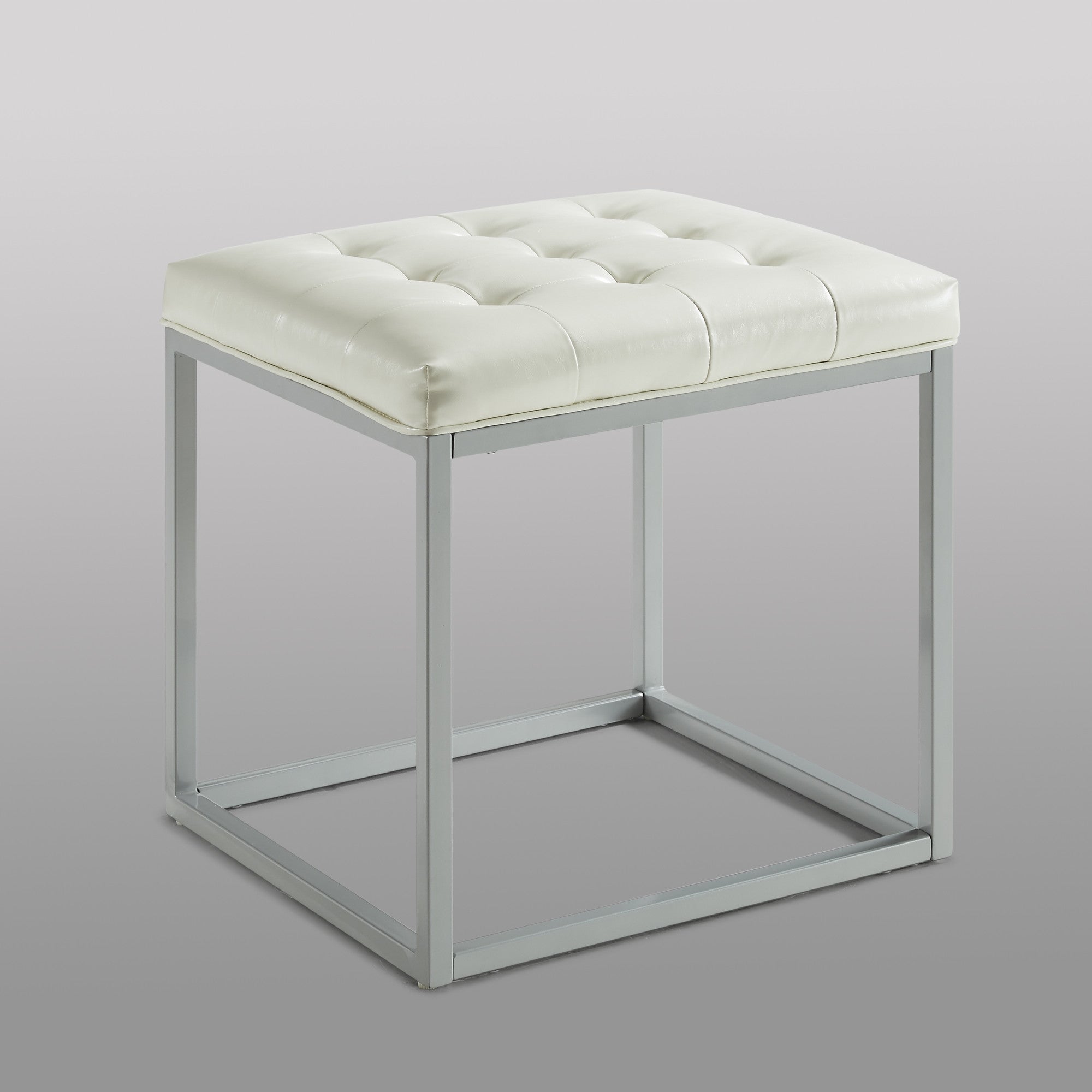 18" Cream White Faux Leather And Silver Cube Ottoman