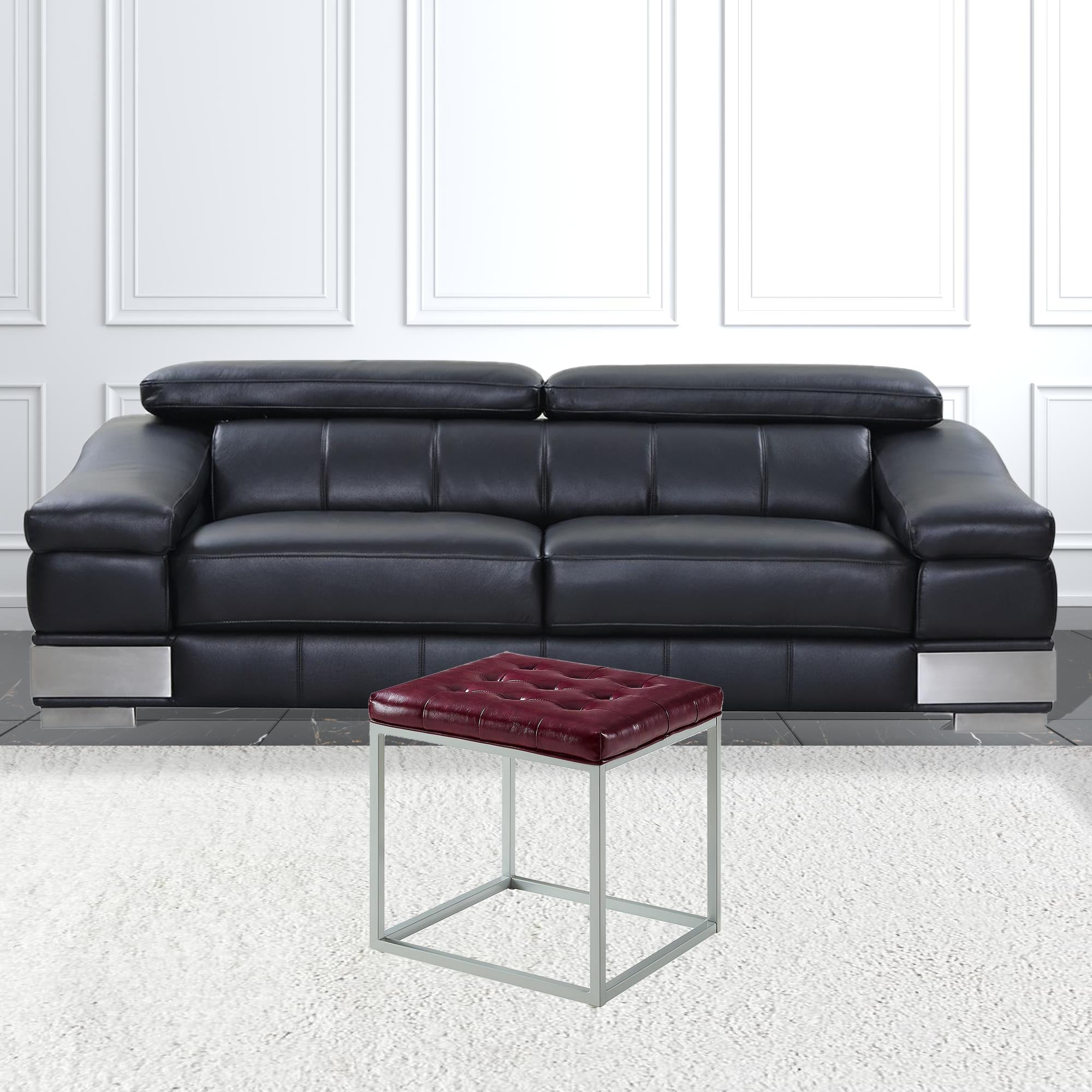18" Deep Purple Faux Leather And Silver Cube Ottoman