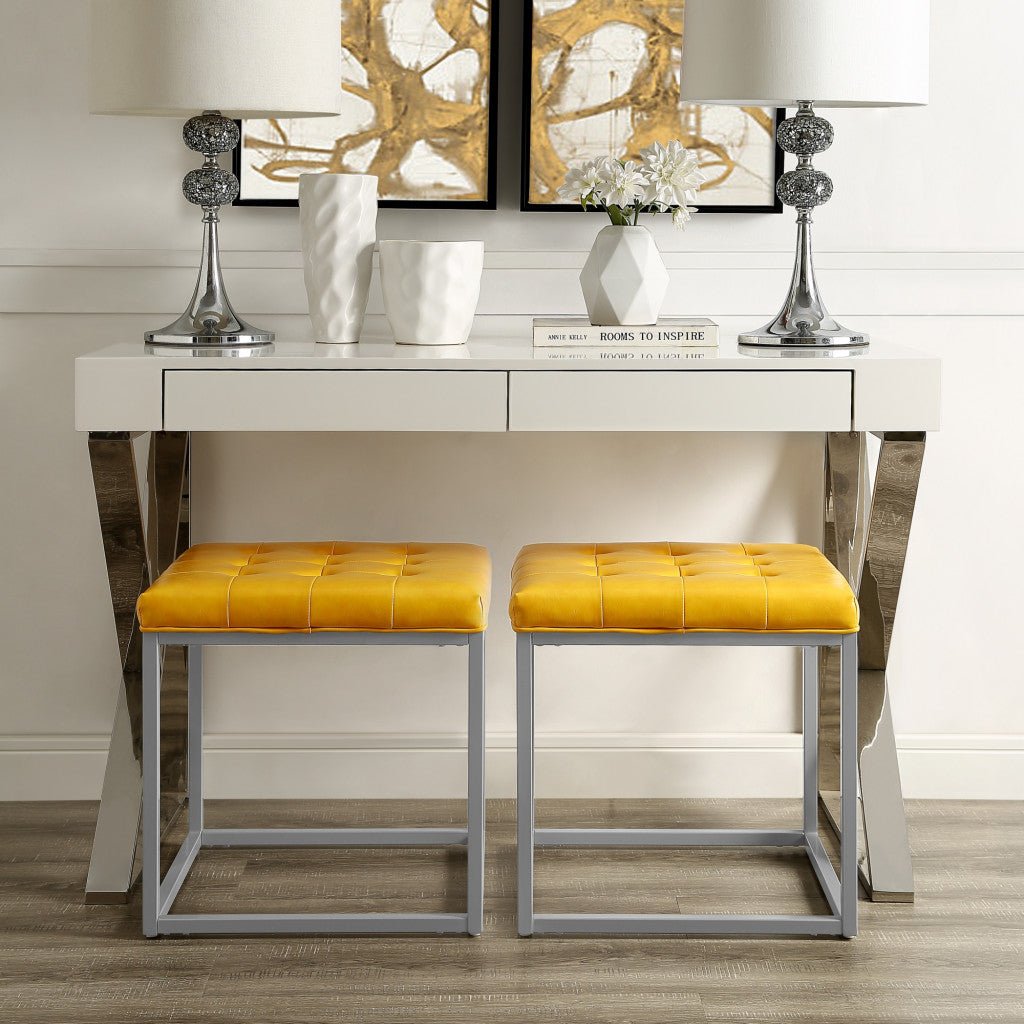 18" Golden Yellow Faux Leather And Silver Cube Ottoman