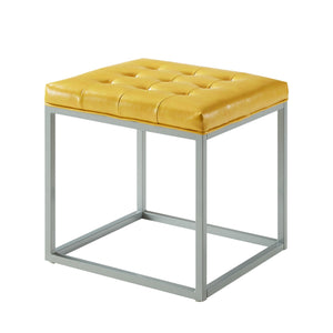 18" Golden Yellow Faux Leather And Silver Cube Ottoman