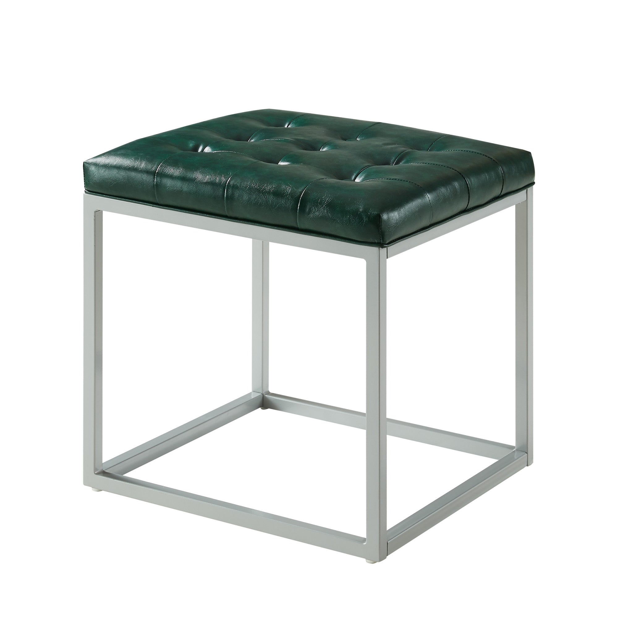18" Green Faux Leather And Silver Cube Ottoman
