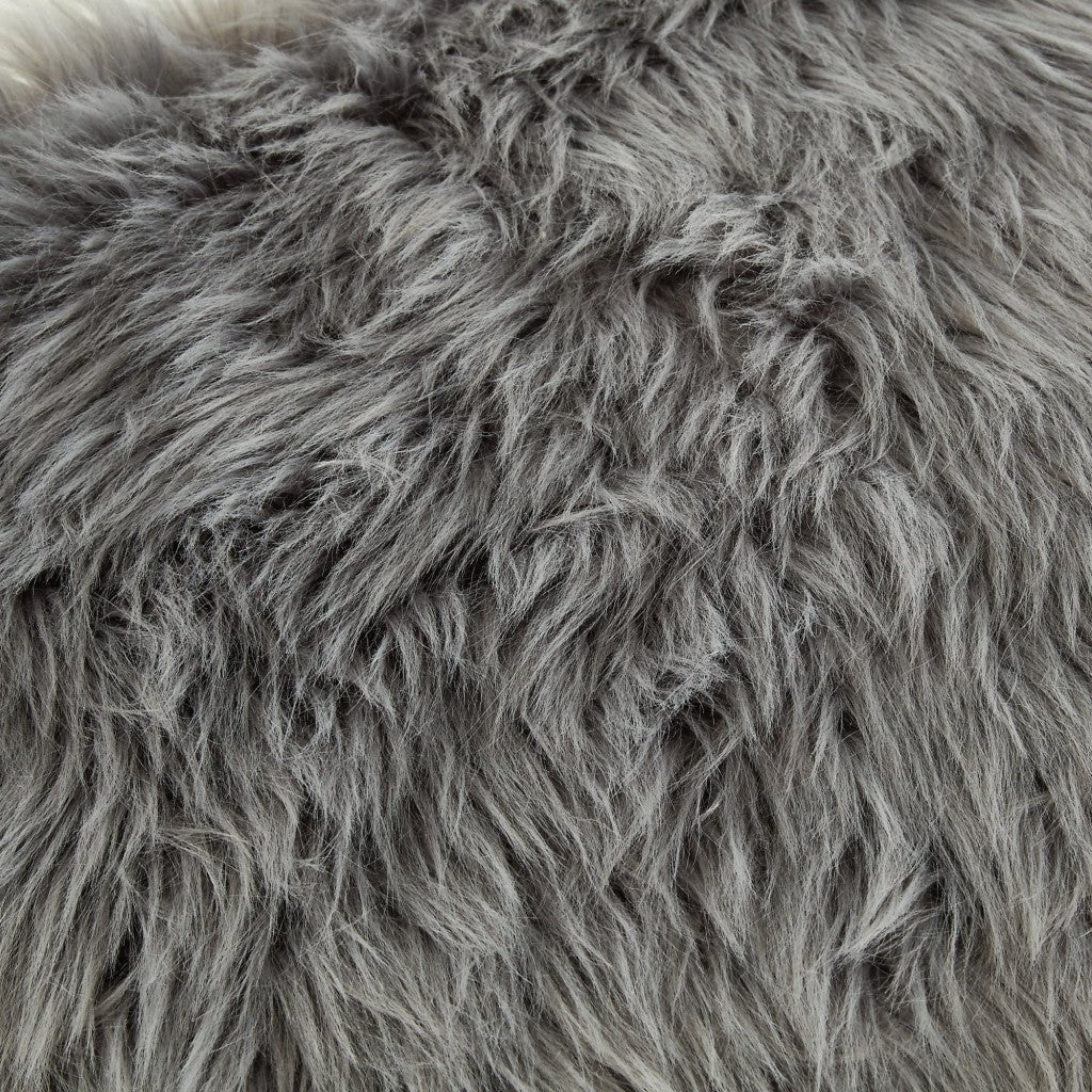 18" Grey Faux Fur With Silver Ottoman