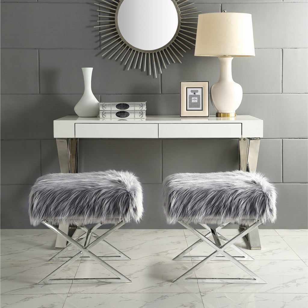 18" Grey Faux Fur With Silver Ottoman