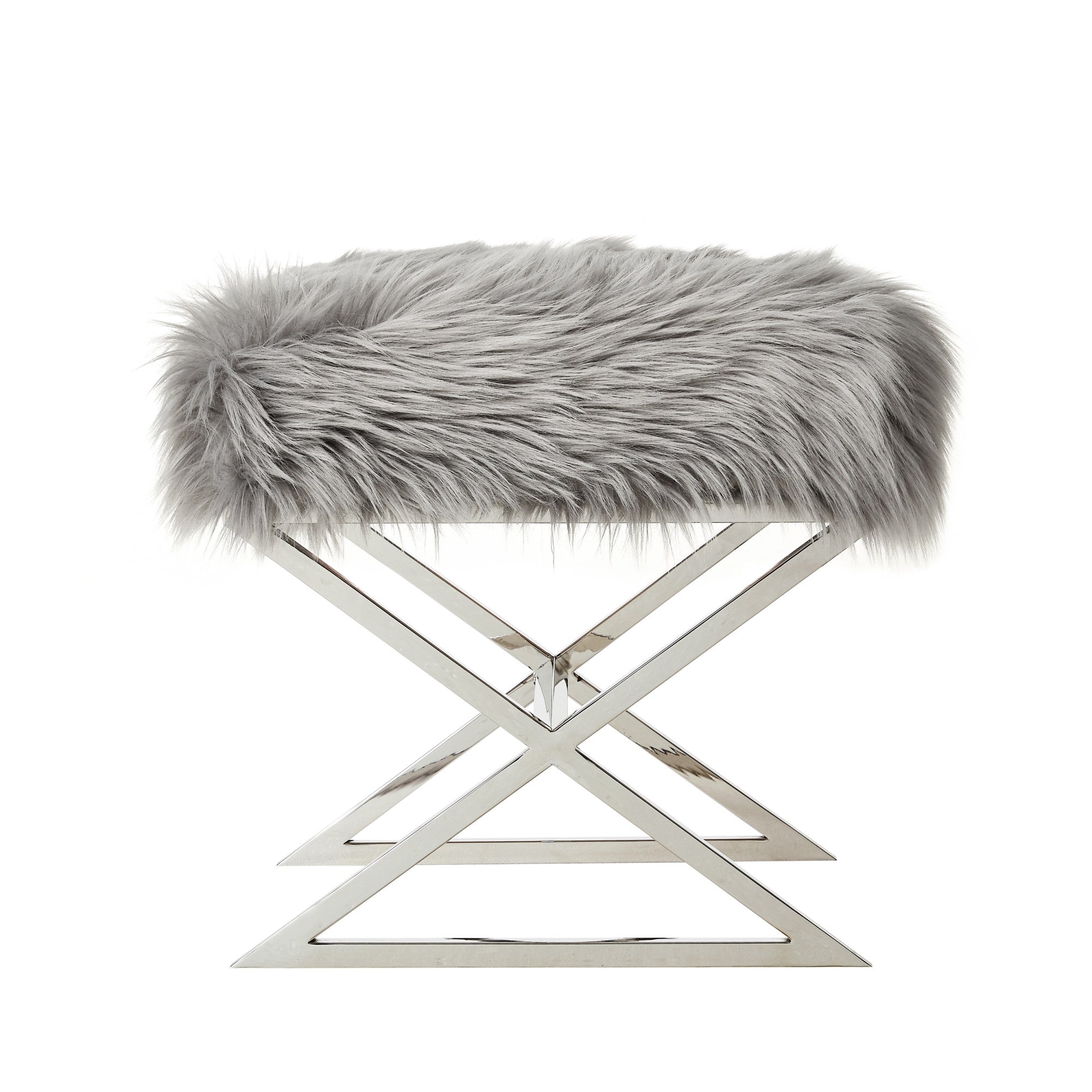 18" Grey Faux Fur With Silver Ottoman