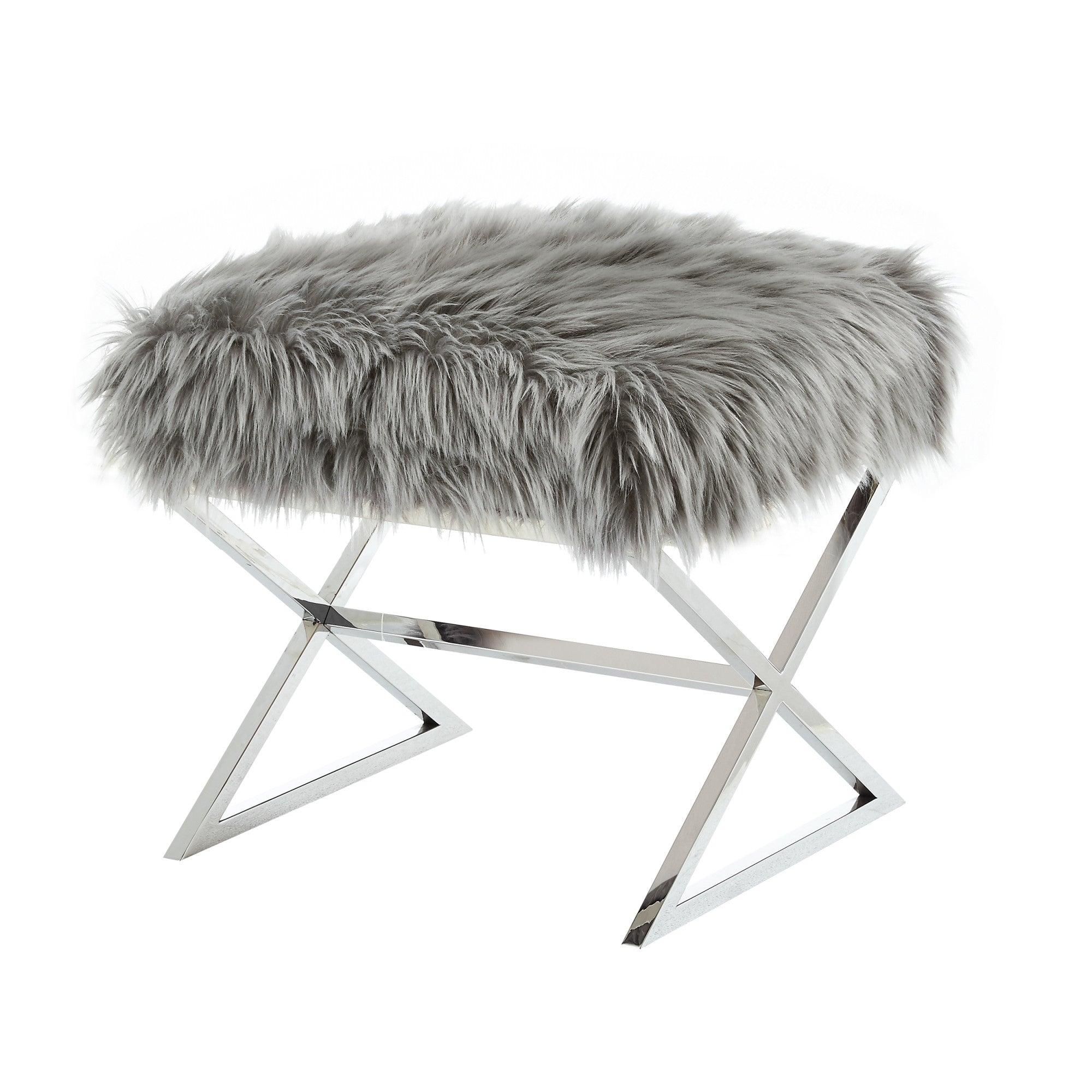 18" Grey Faux Fur With Silver Ottoman