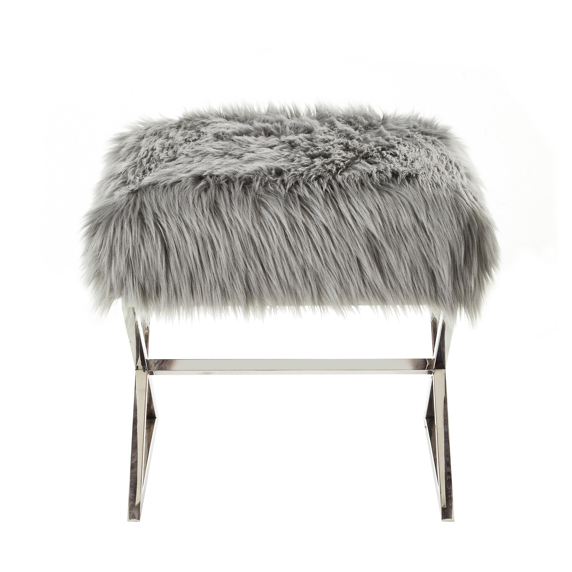 18" Grey Faux Fur With Silver Ottoman