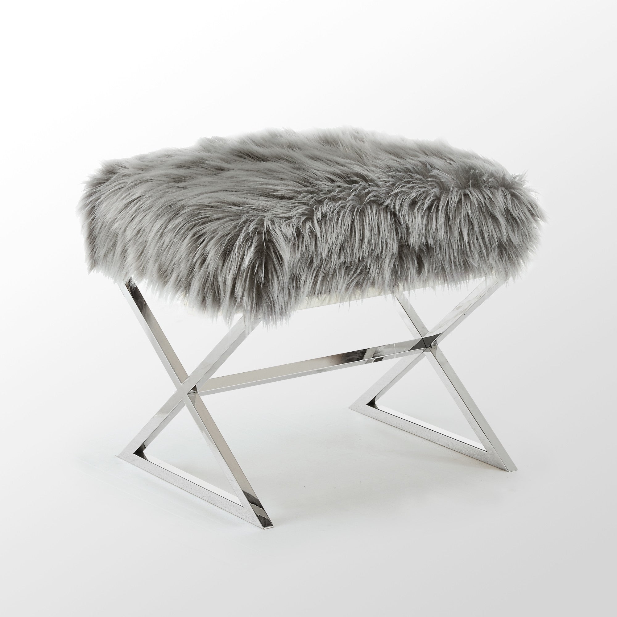 18" Grey Faux Fur With Silver Ottoman