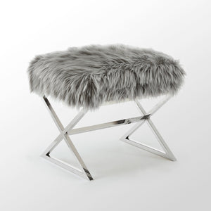 18" Grey Faux Fur With Silver Ottoman