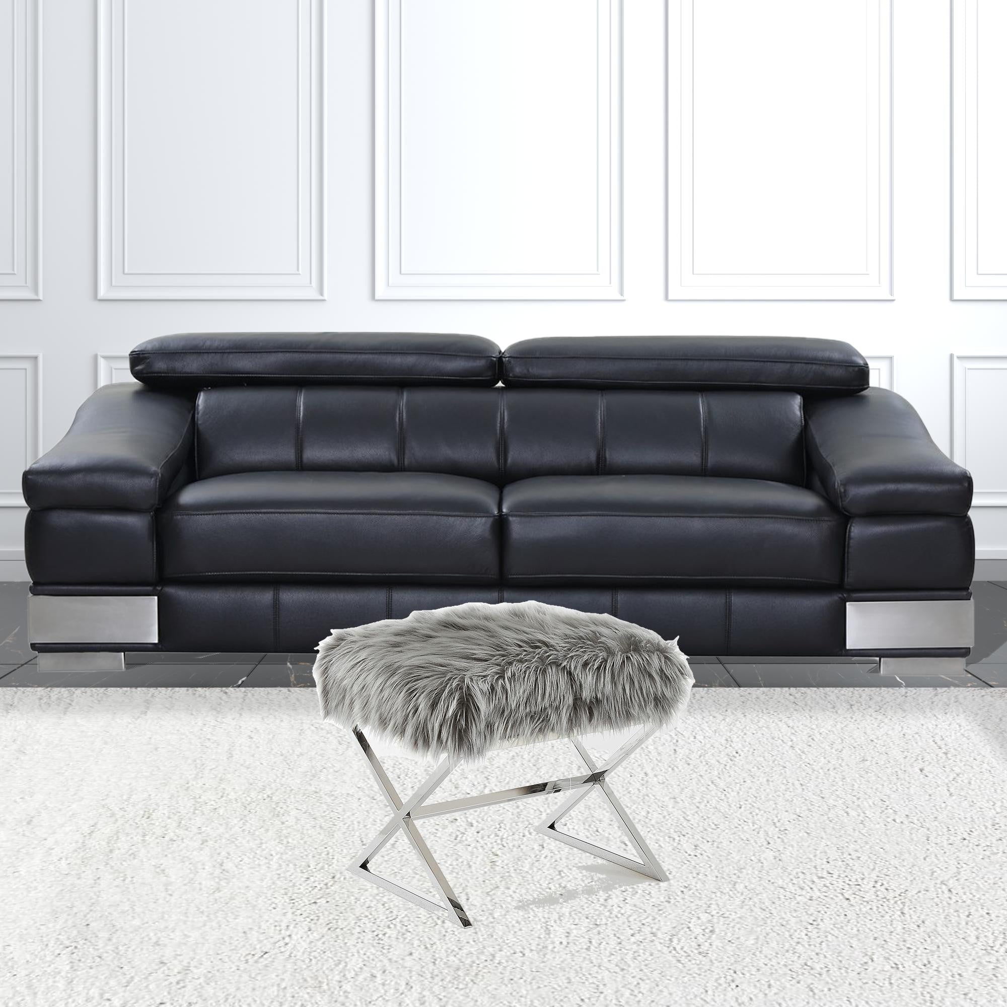 18" Grey Faux Fur With Silver Ottoman