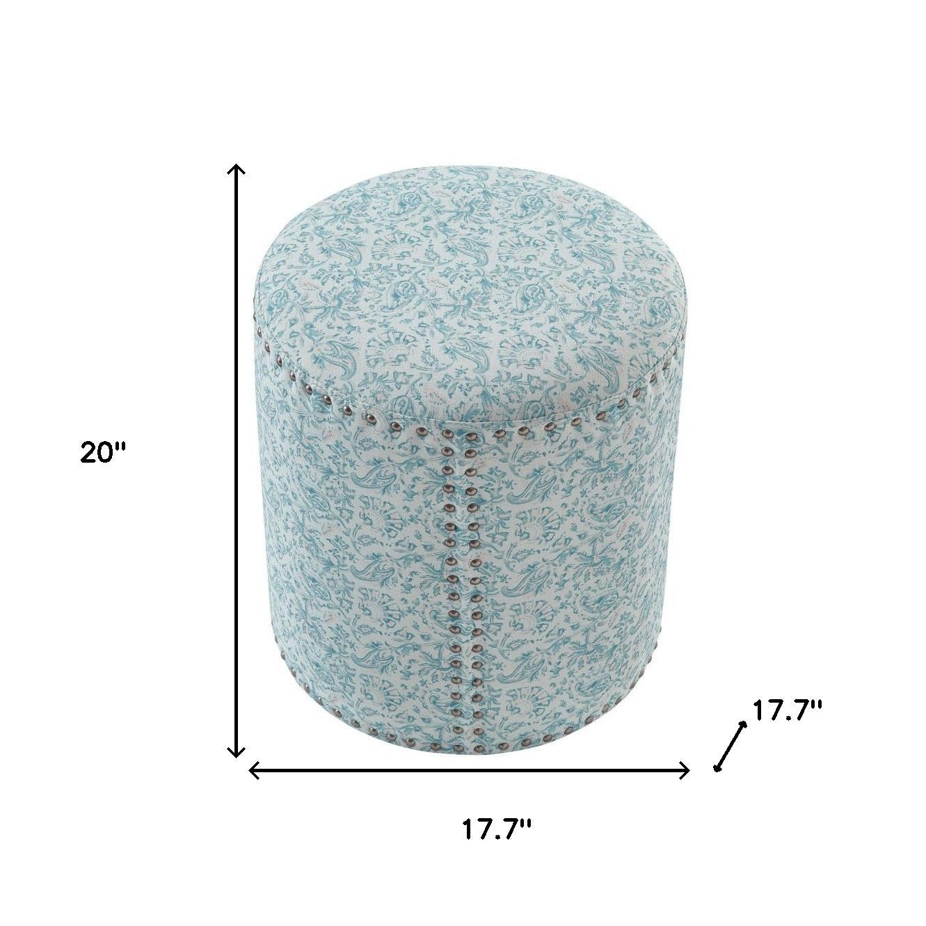 18" Indes Blue Ground 100% Linen Round Floral Ottoman