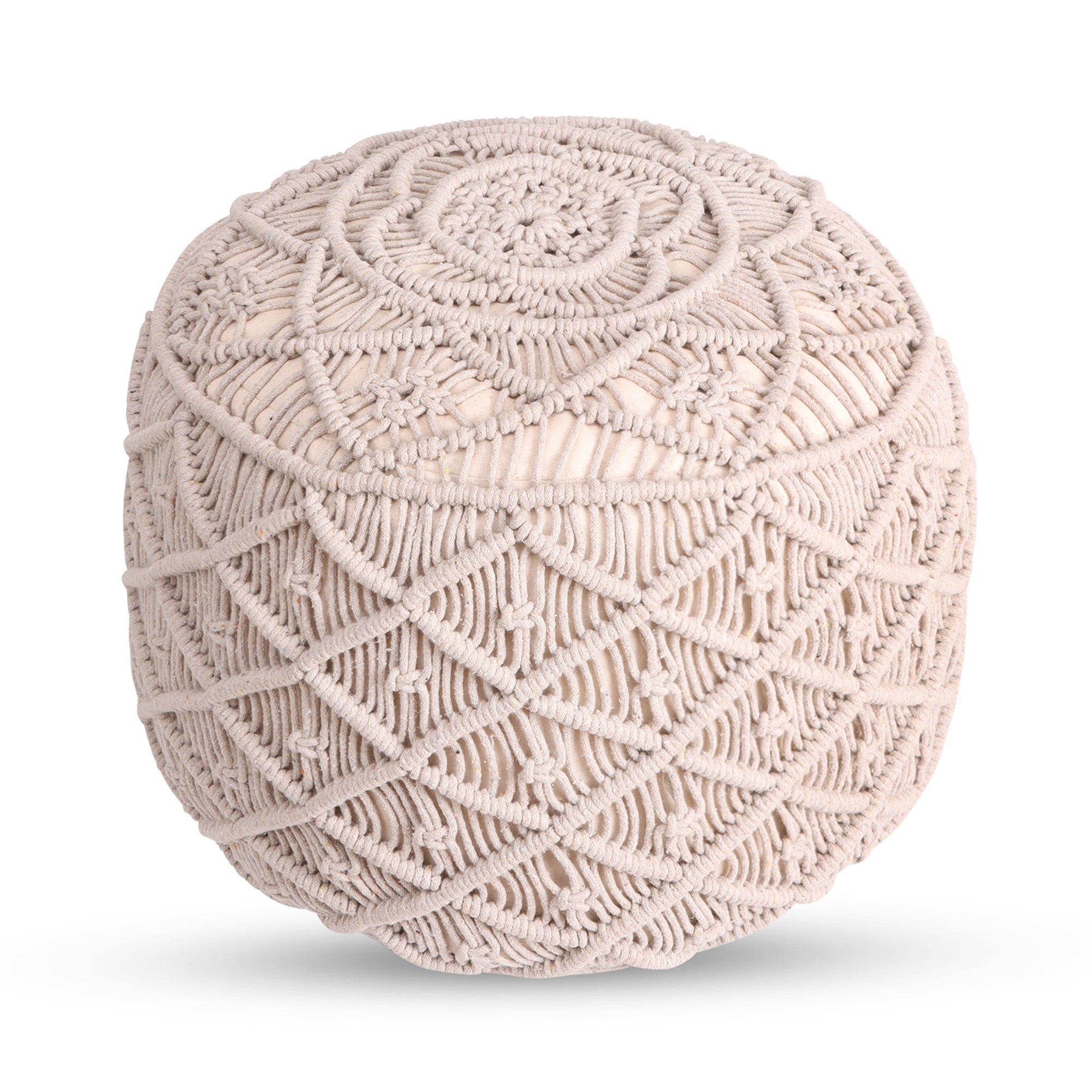 18" Ivory Cotton Blend Round Pouf Floral Ottoman