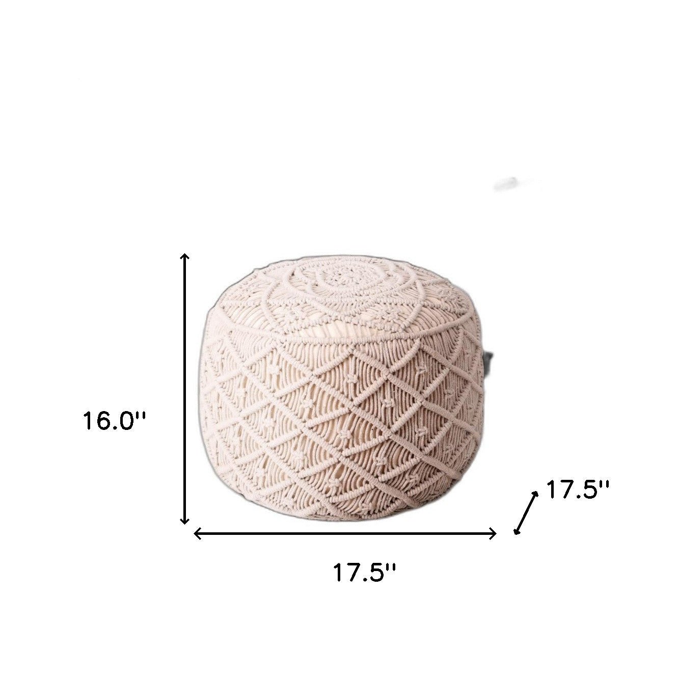 18" Ivory Cotton Blend Round Pouf Floral Ottoman