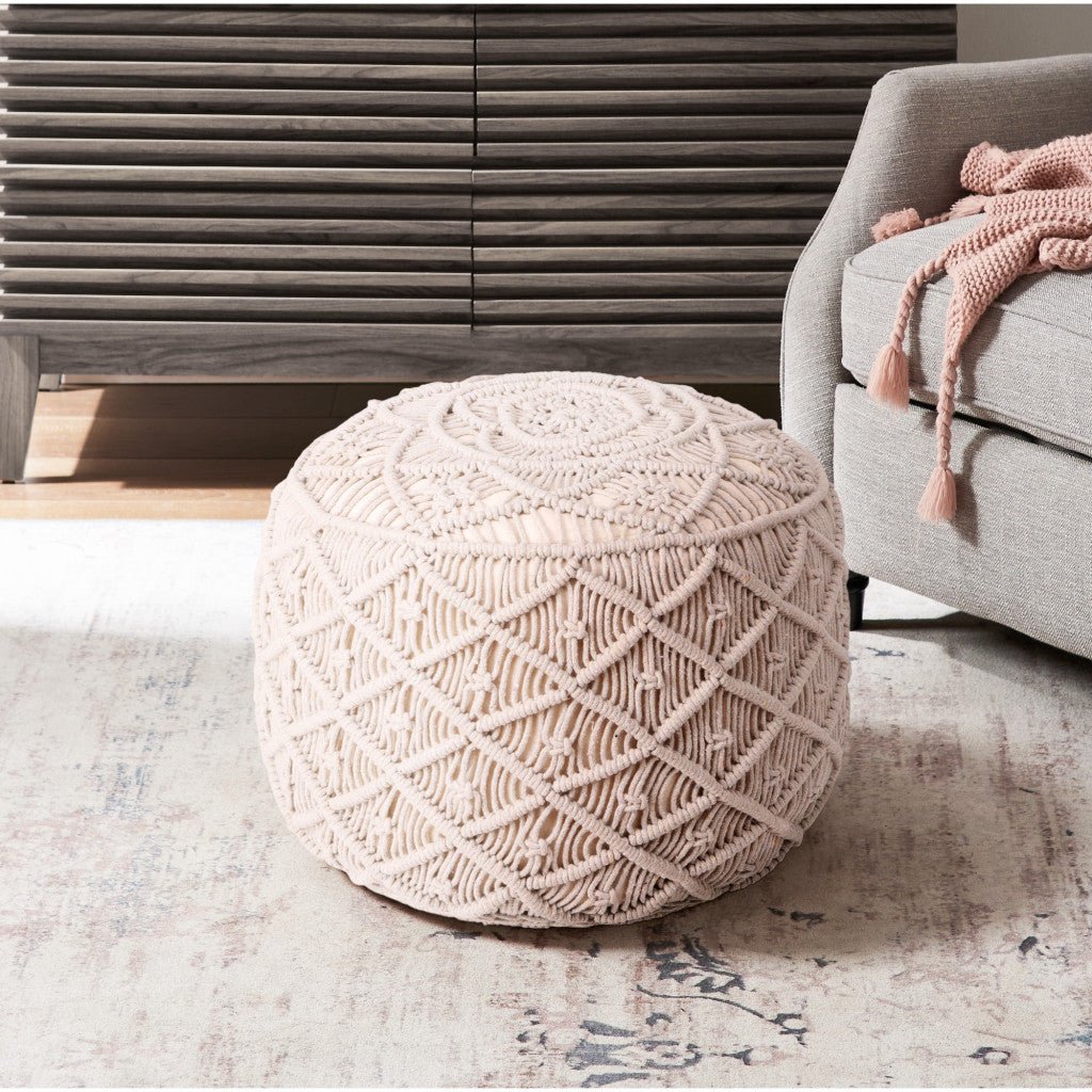18" Ivory Cotton Blend Round Pouf Floral Ottoman