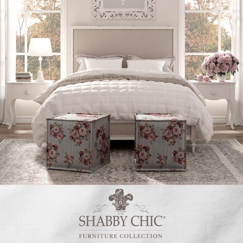 18" Pale Blue and Pink 100% Linen Floral Ottoman