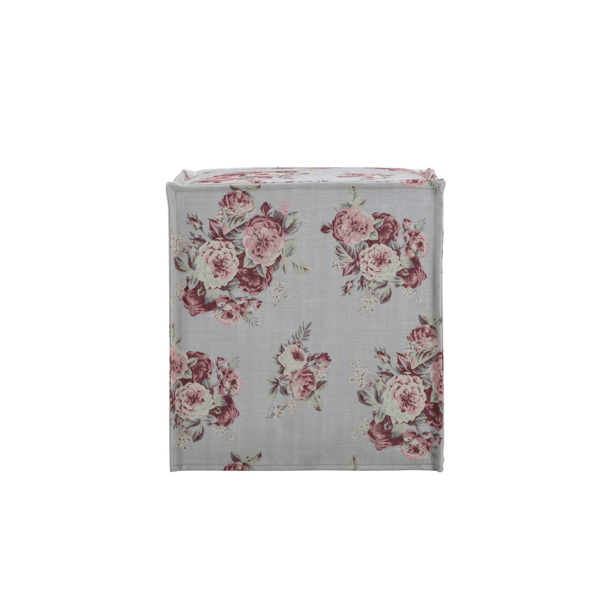 18" Pale Blue and Pink 100% Linen Floral Ottoman