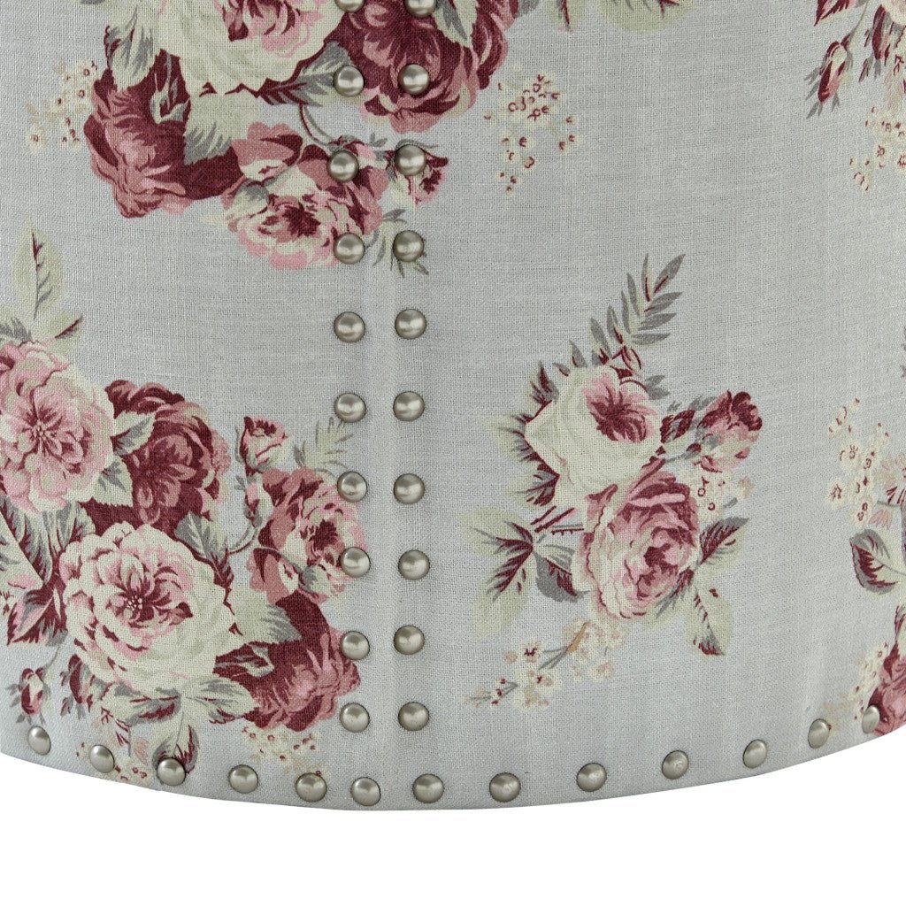 18" Pale Blue and Pink 100% Linen Round Floral Ottoman