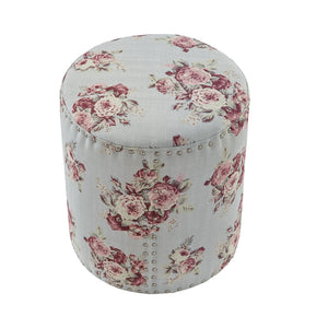 18" Pale Blue and Pink 100% Linen Round Floral Ottoman