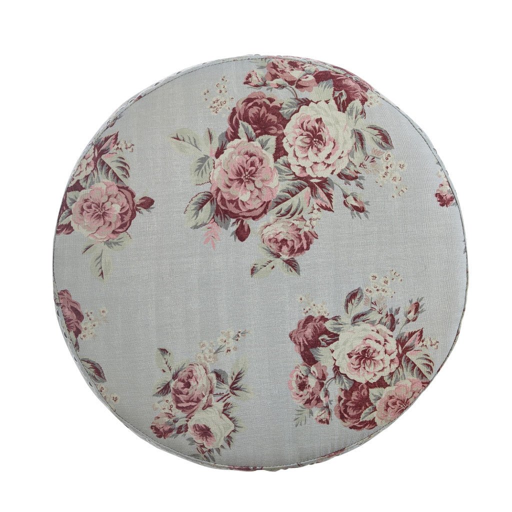 18" Pale Blue and Pink 100% Linen Round Floral Ottoman