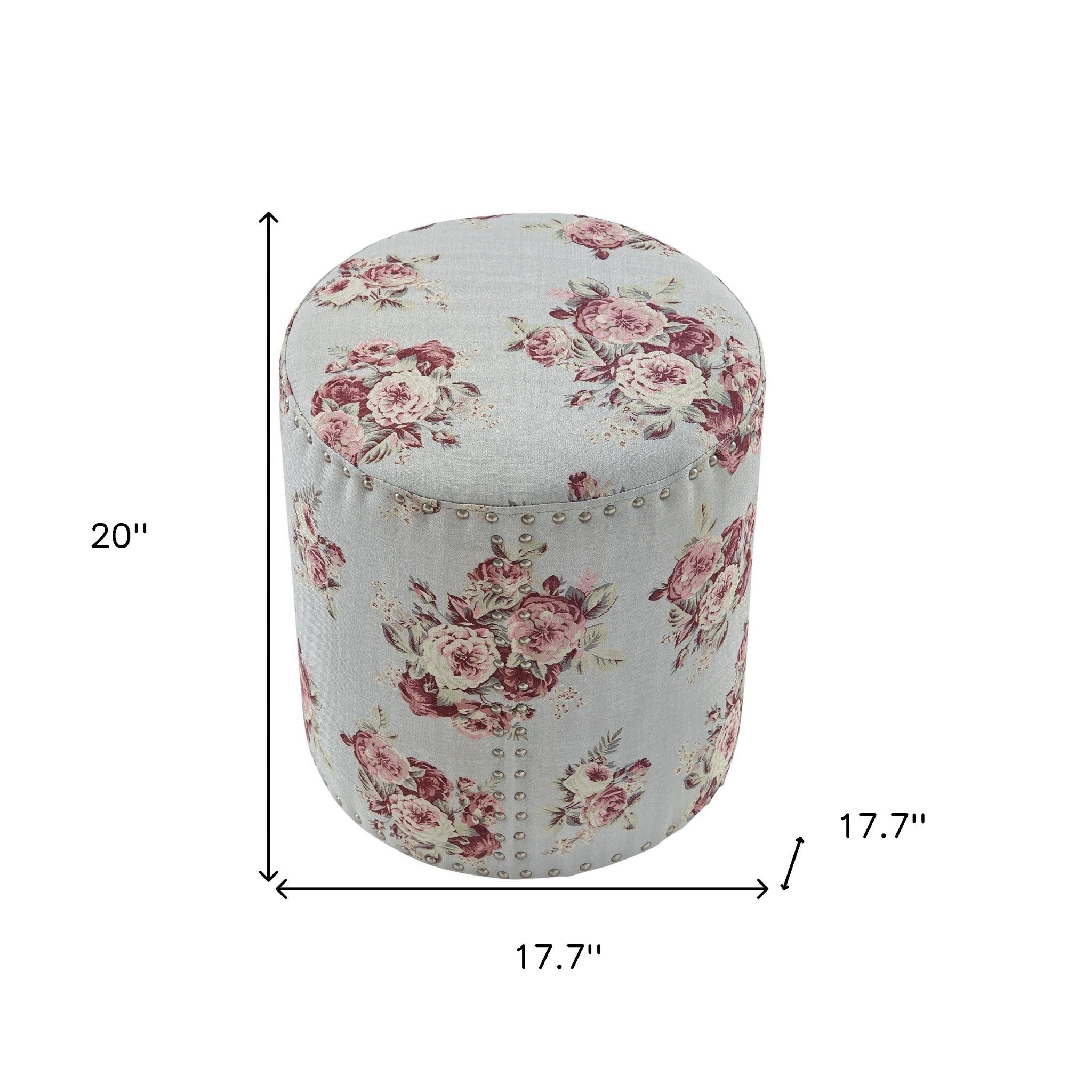 18" Pale Blue and Pink 100% Linen Round Floral Ottoman