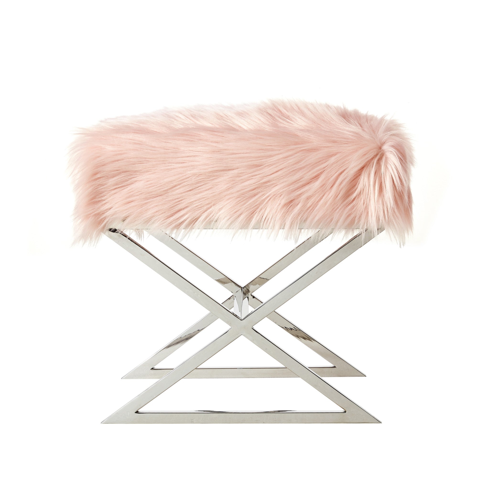 18" Rose Faux Fur With Silver Ottoman