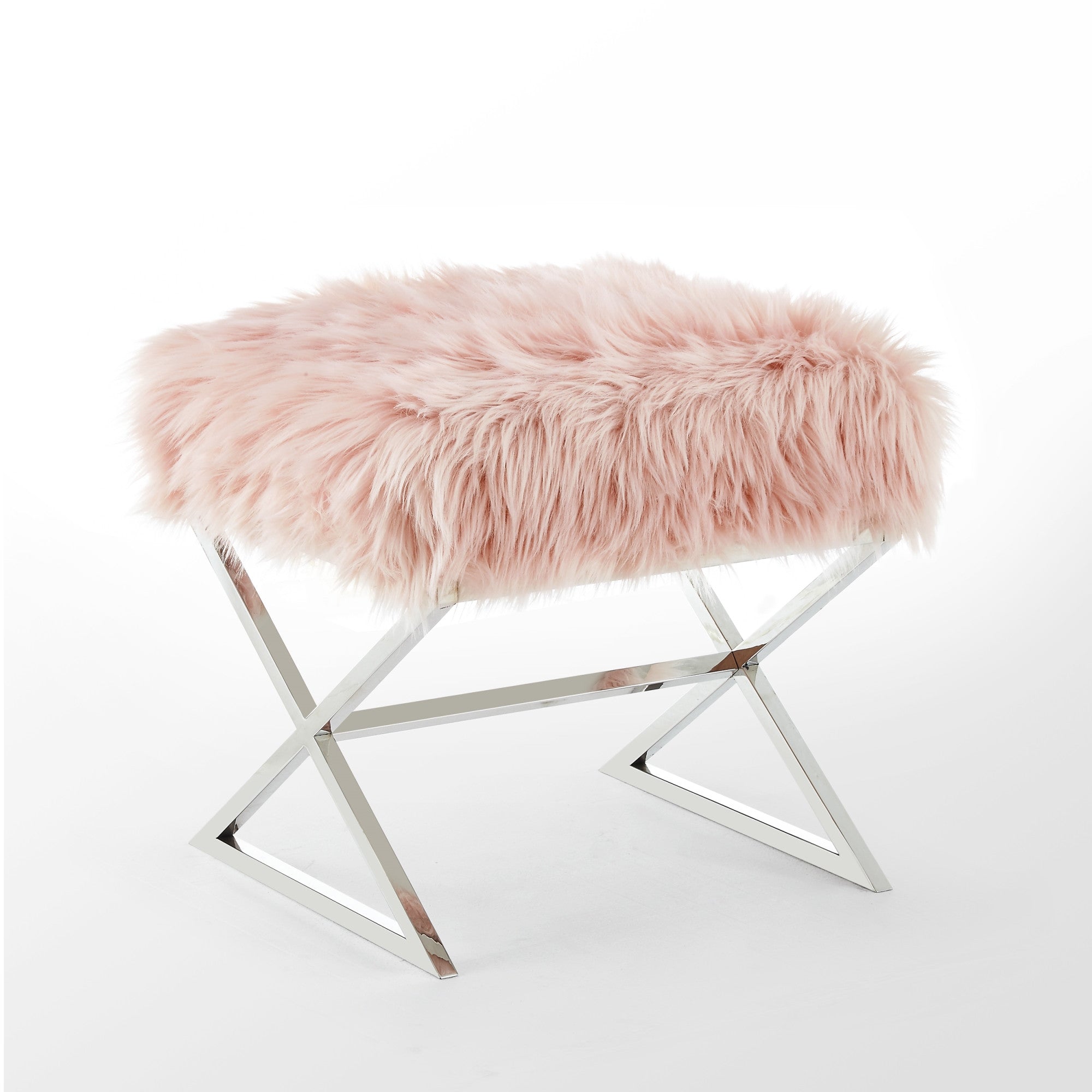 18" Rose Faux Fur With Silver Ottoman