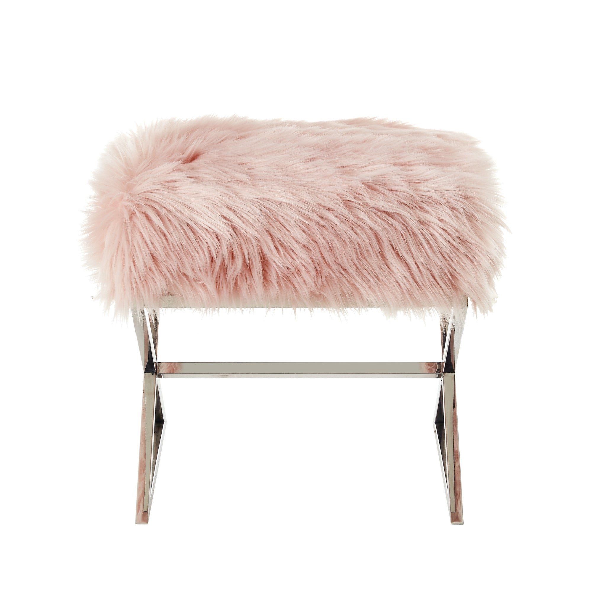 18" Rose Faux Fur With Silver Ottoman