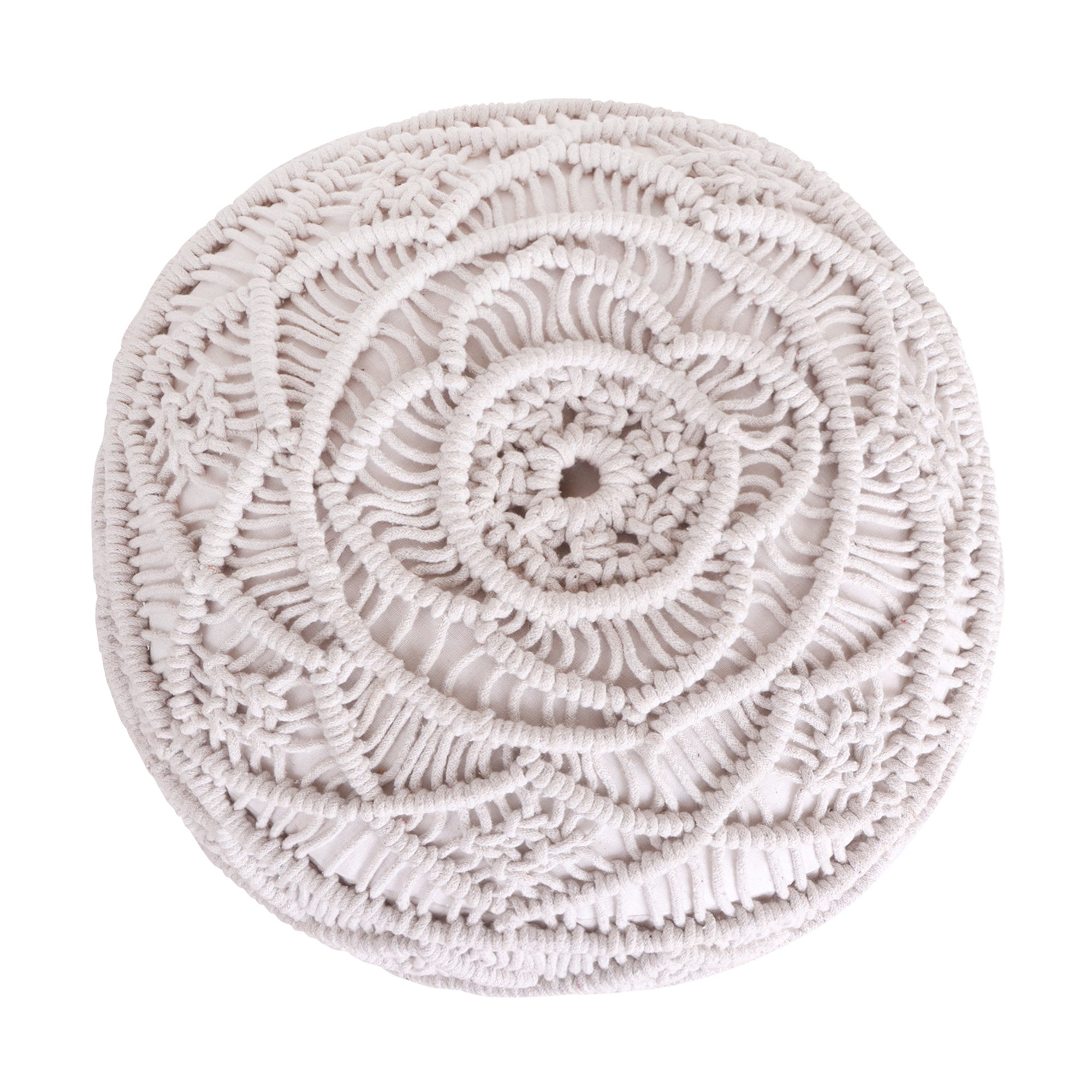 18" White Cotton Blend Round Pouf Floral Ottoman