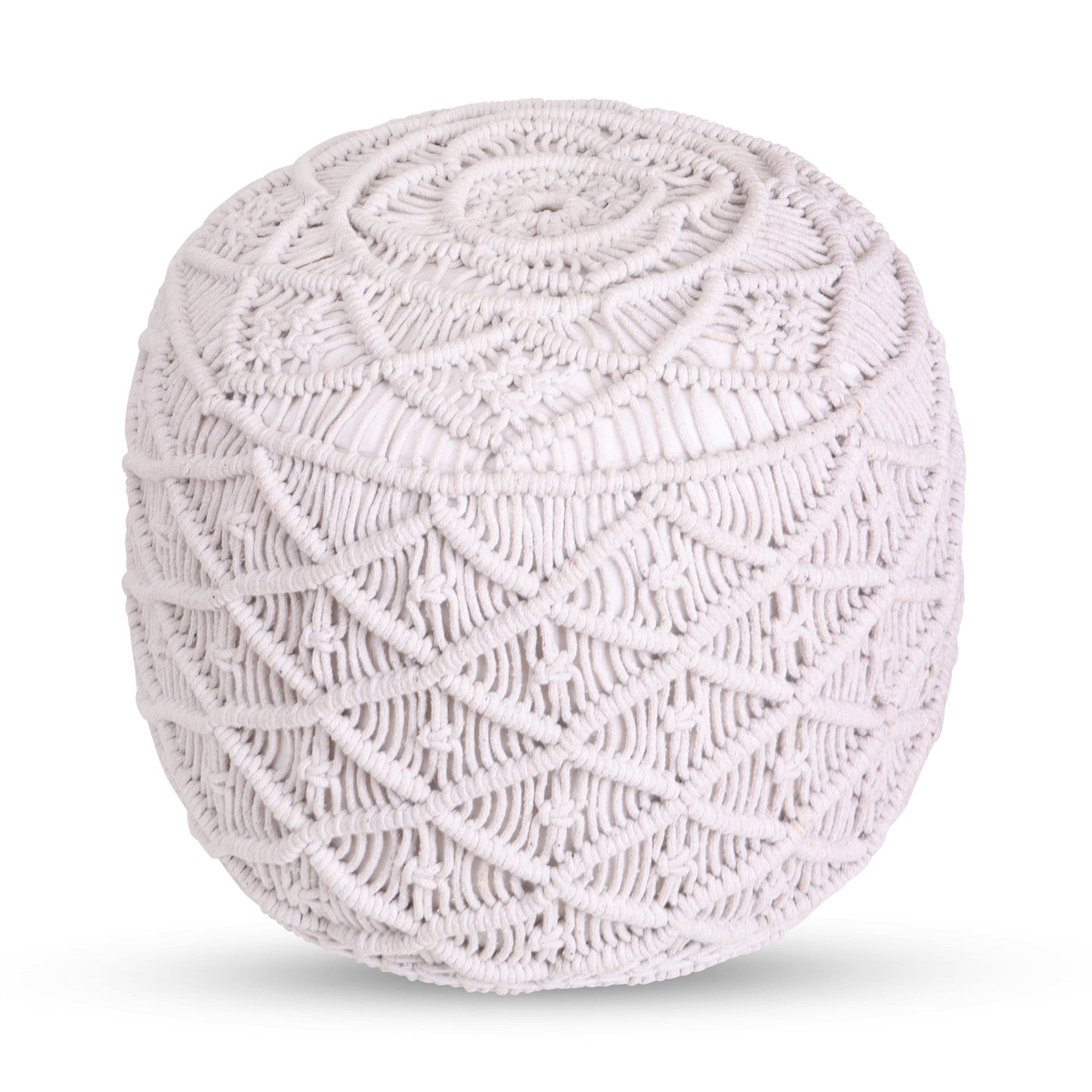 18" White Cotton Blend Round Pouf Floral Ottoman