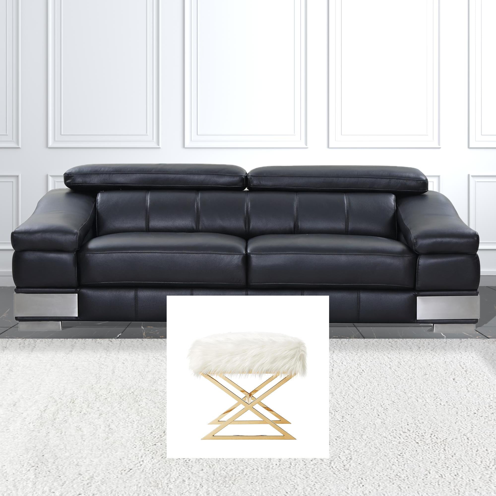 18" White Faux Fur With Brass Ottoman