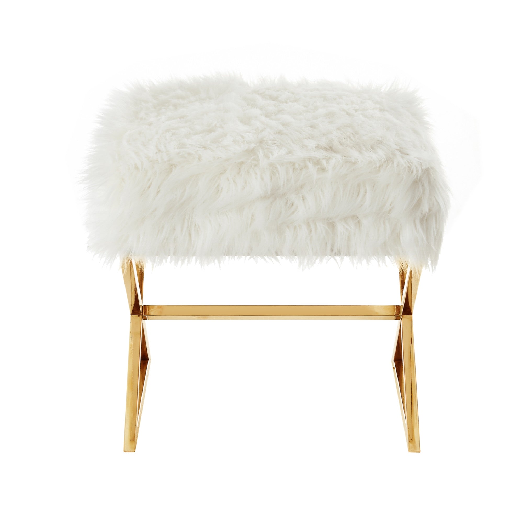 18" White Faux Fur With Brass Ottoman