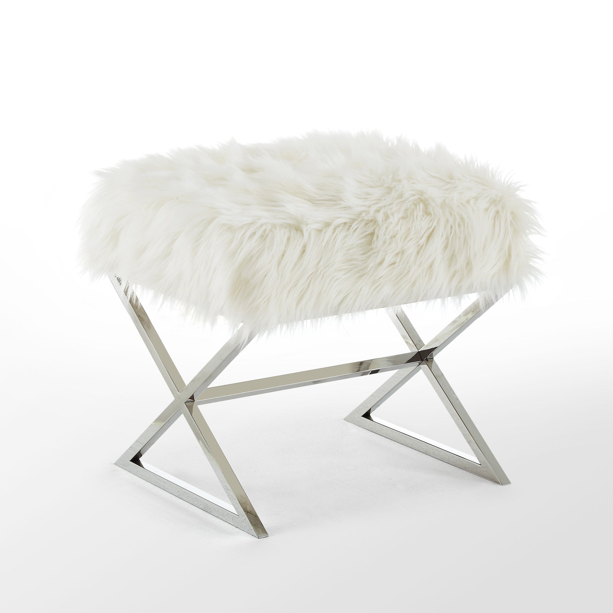 18" White Faux Fur With Silver Ottoman