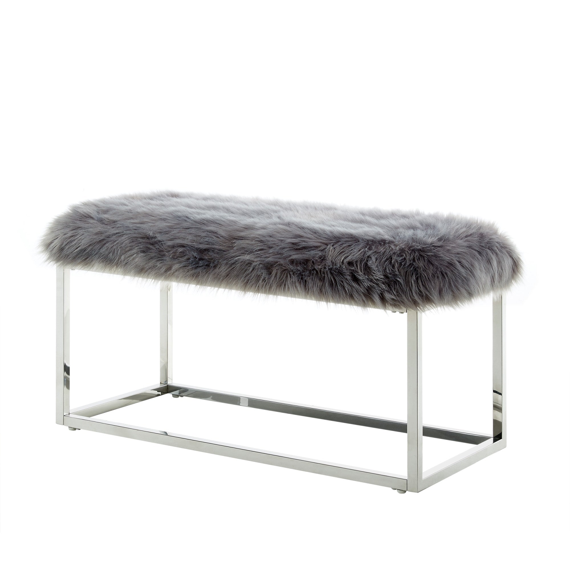 19" Grey Faux Fur and Chrome Upholstered Bench