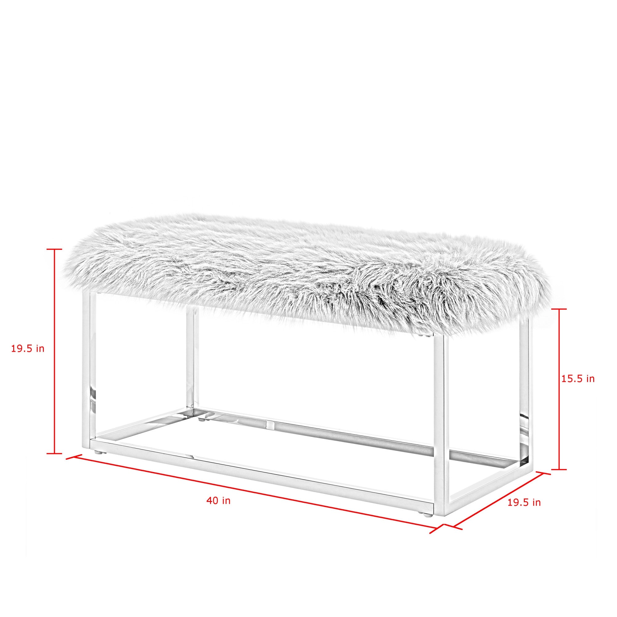 19" Grey Faux Fur and Chrome Upholstered Bench