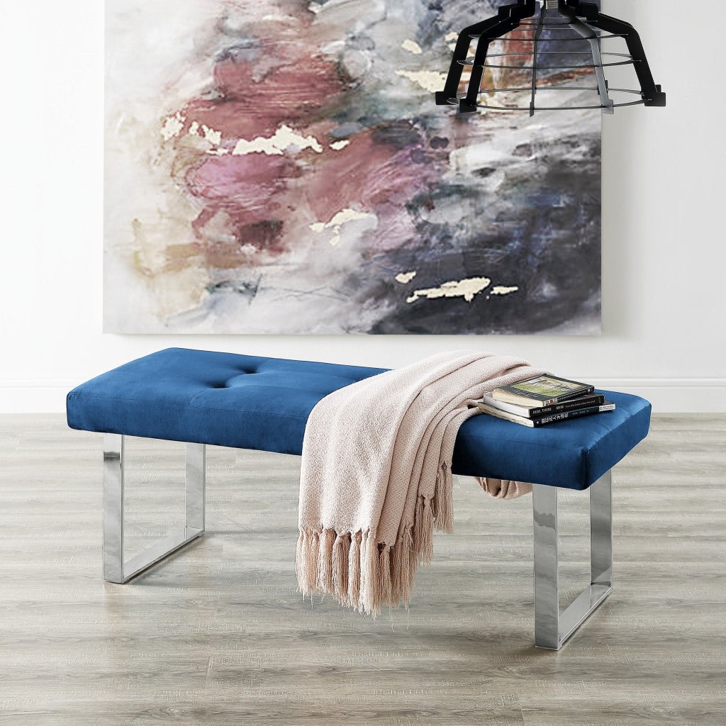 19" Silver And Navy Blue Upholstered Velvet Bedroom Bench