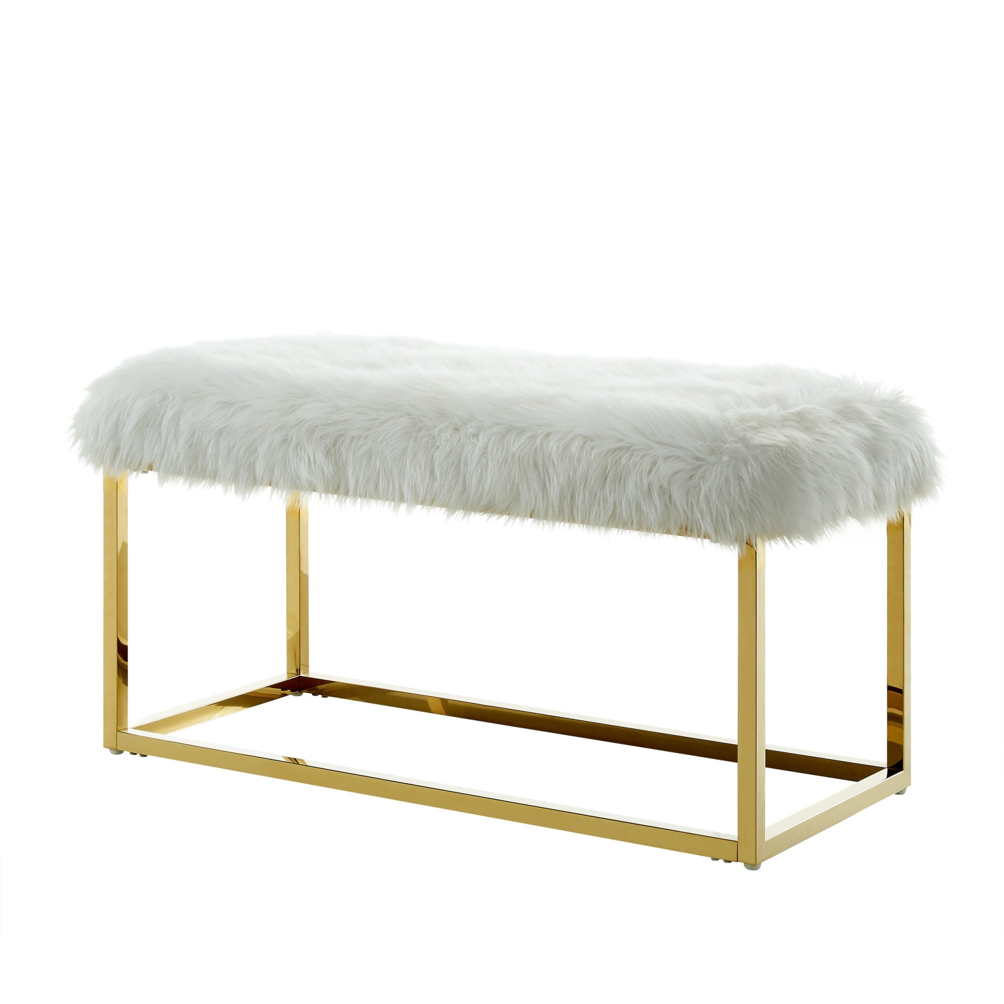 19" White Faux Fur and Gold Upholstered Bench
