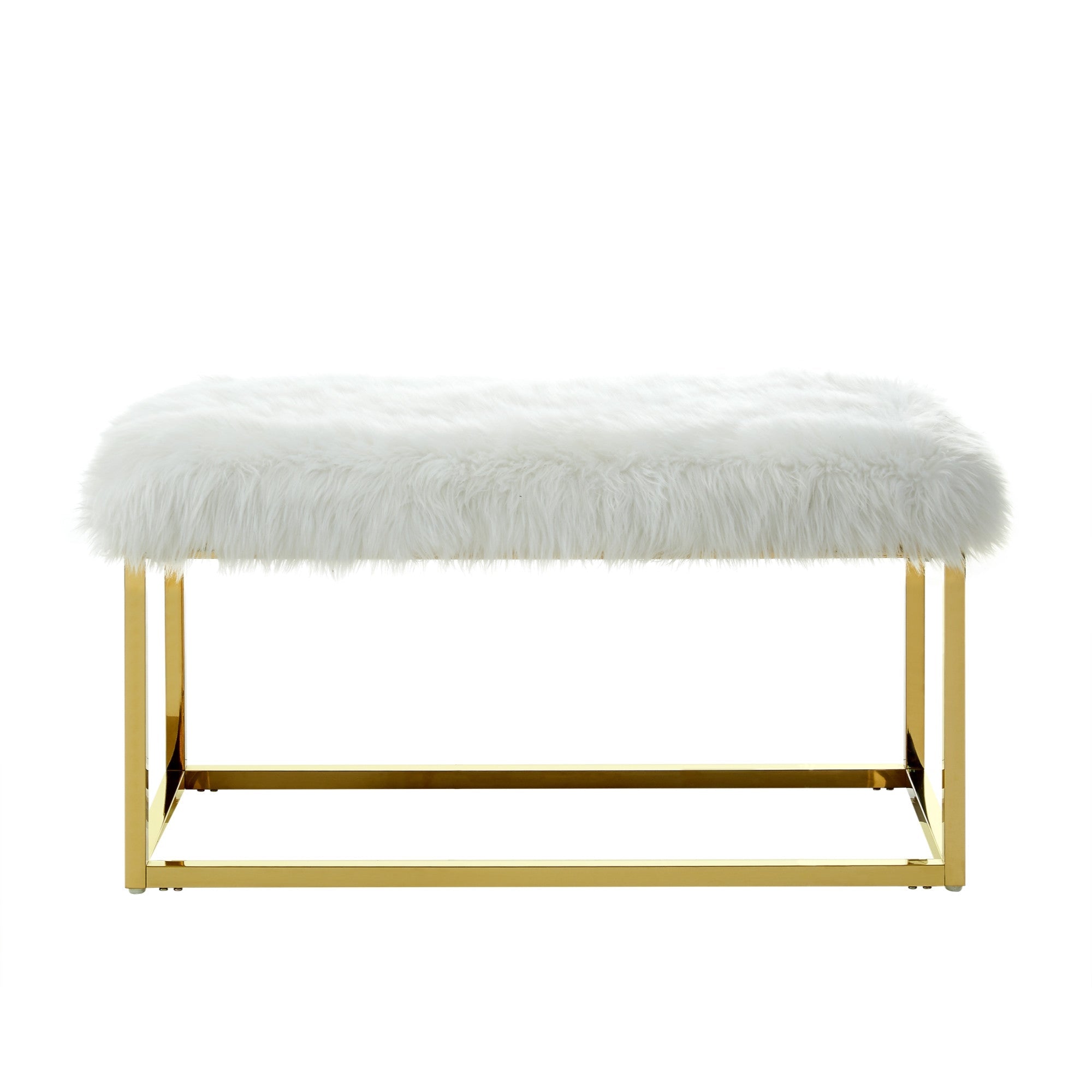 19" White Faux Fur and Gold Upholstered Bench