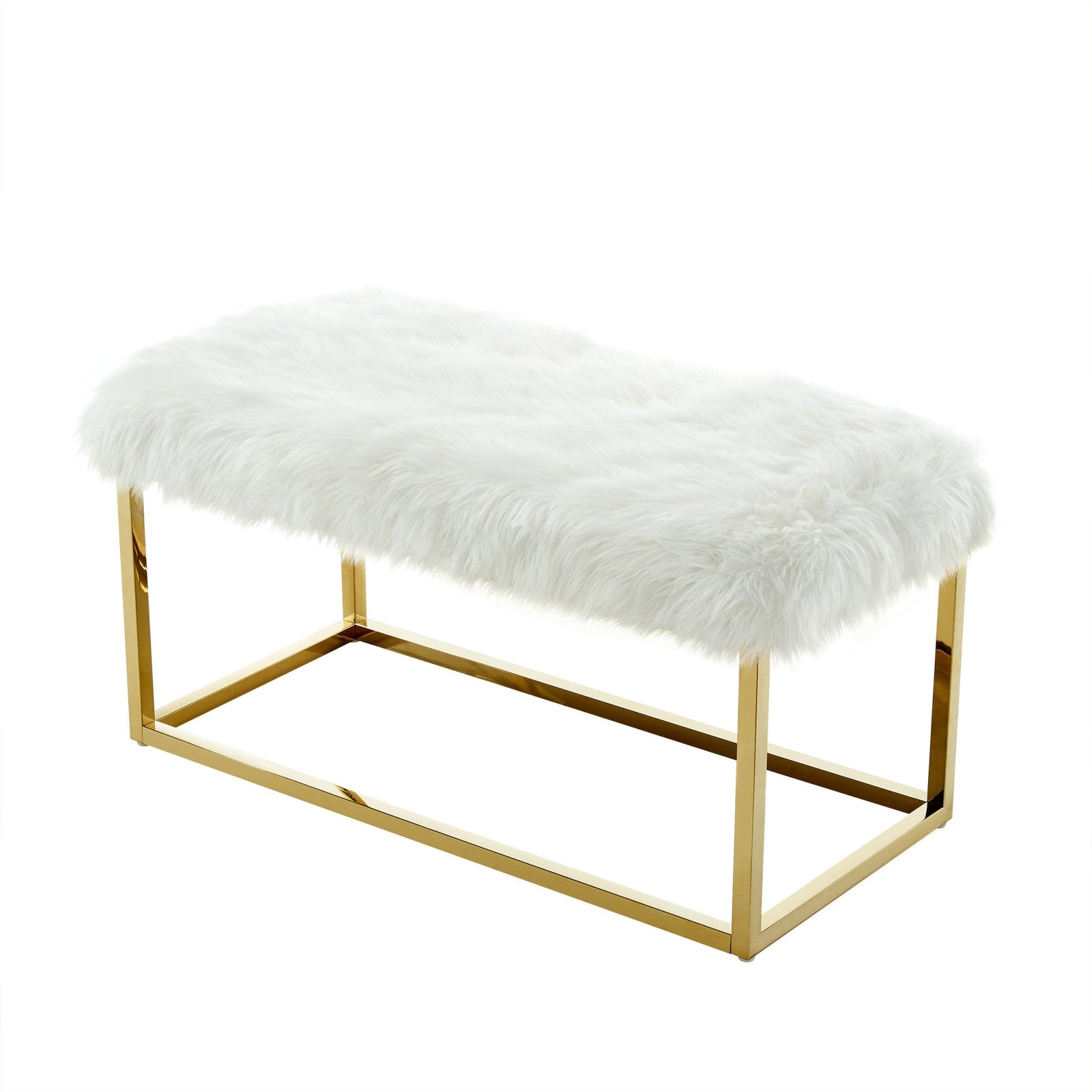 19" White Faux Fur and Gold Upholstered Bench