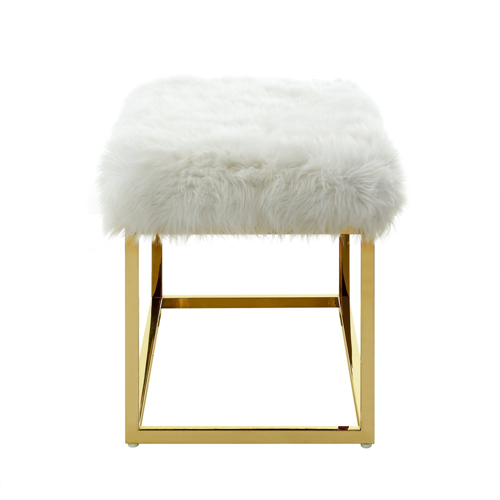 19" White Faux Fur and Gold Upholstered Bench