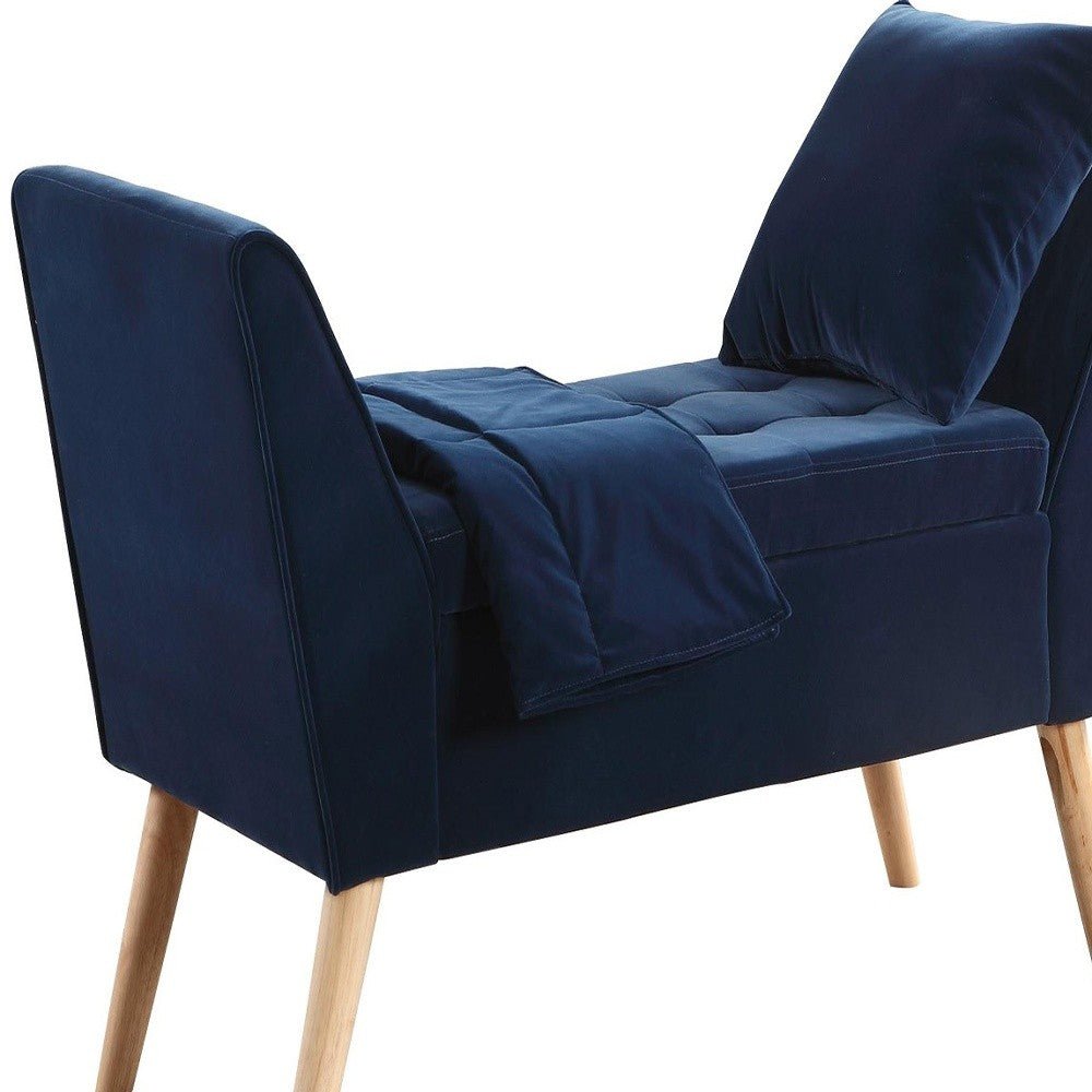 19" Wood Brown And Blue Upholstered 100% Polyester Entryway Bench With Flip Top