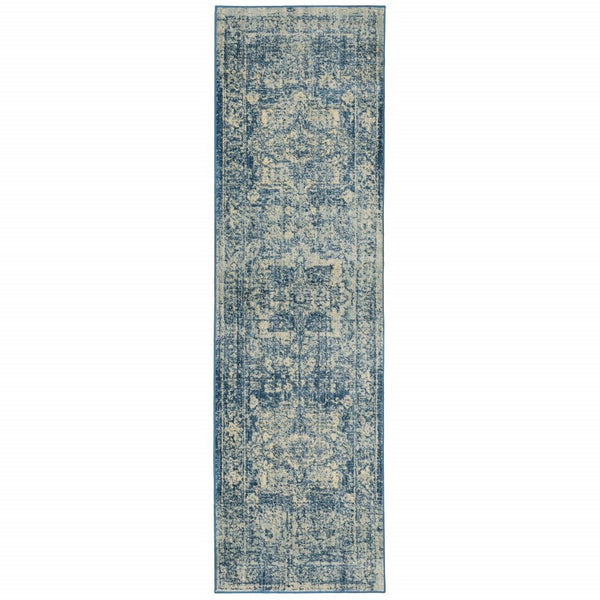 Ivory and Blue Oriental Runner Rug - 2 ft x 8 ft