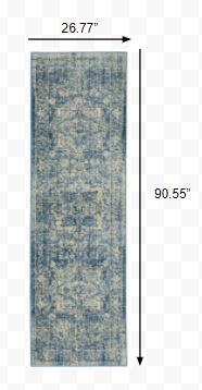 Ivory and Blue Oriental Runner Rug - 2 ft x 8 ft