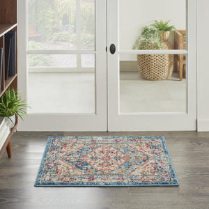 Ivory and Light Blue Distressed Scatter Rug - 2’ x 3’