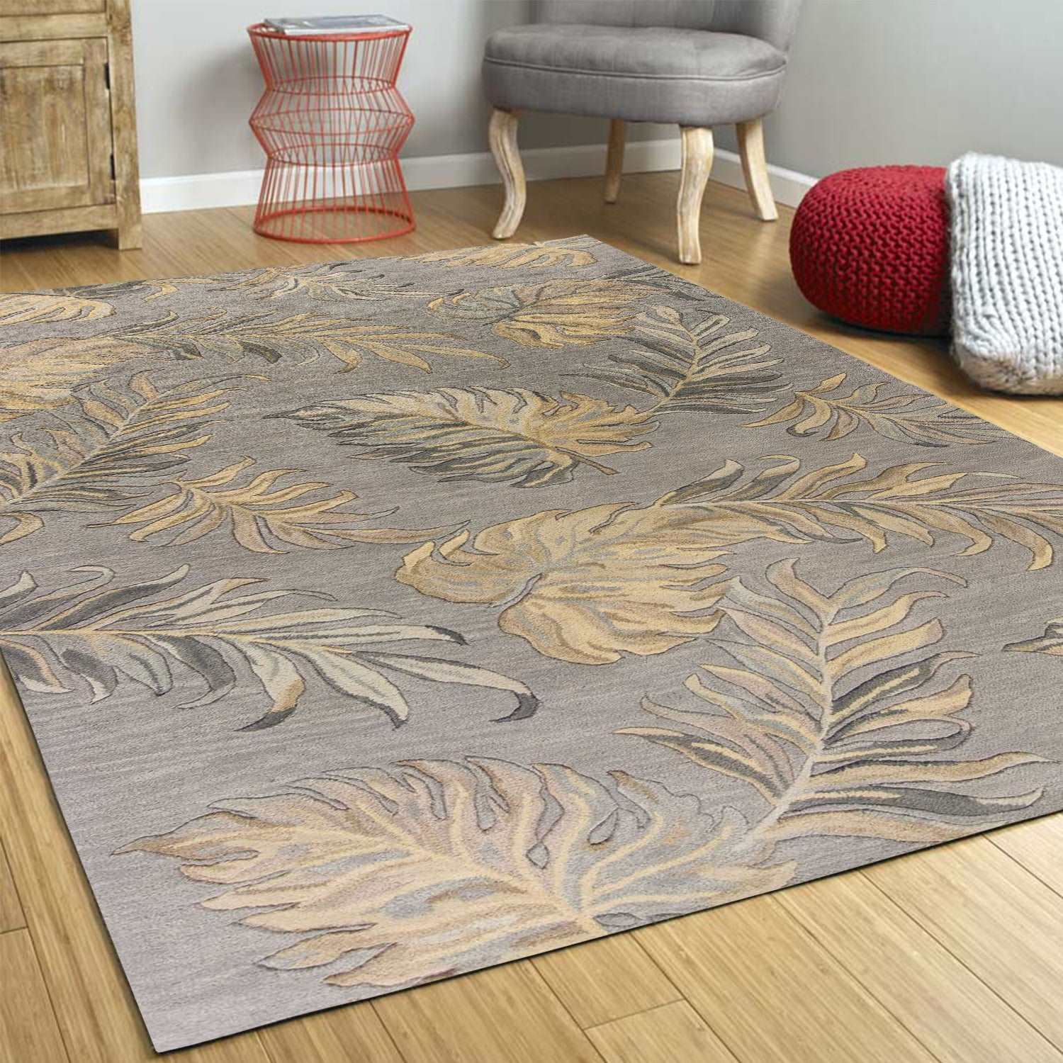 Grey Palm Leaves Wool Area Rug - 2' x 4'