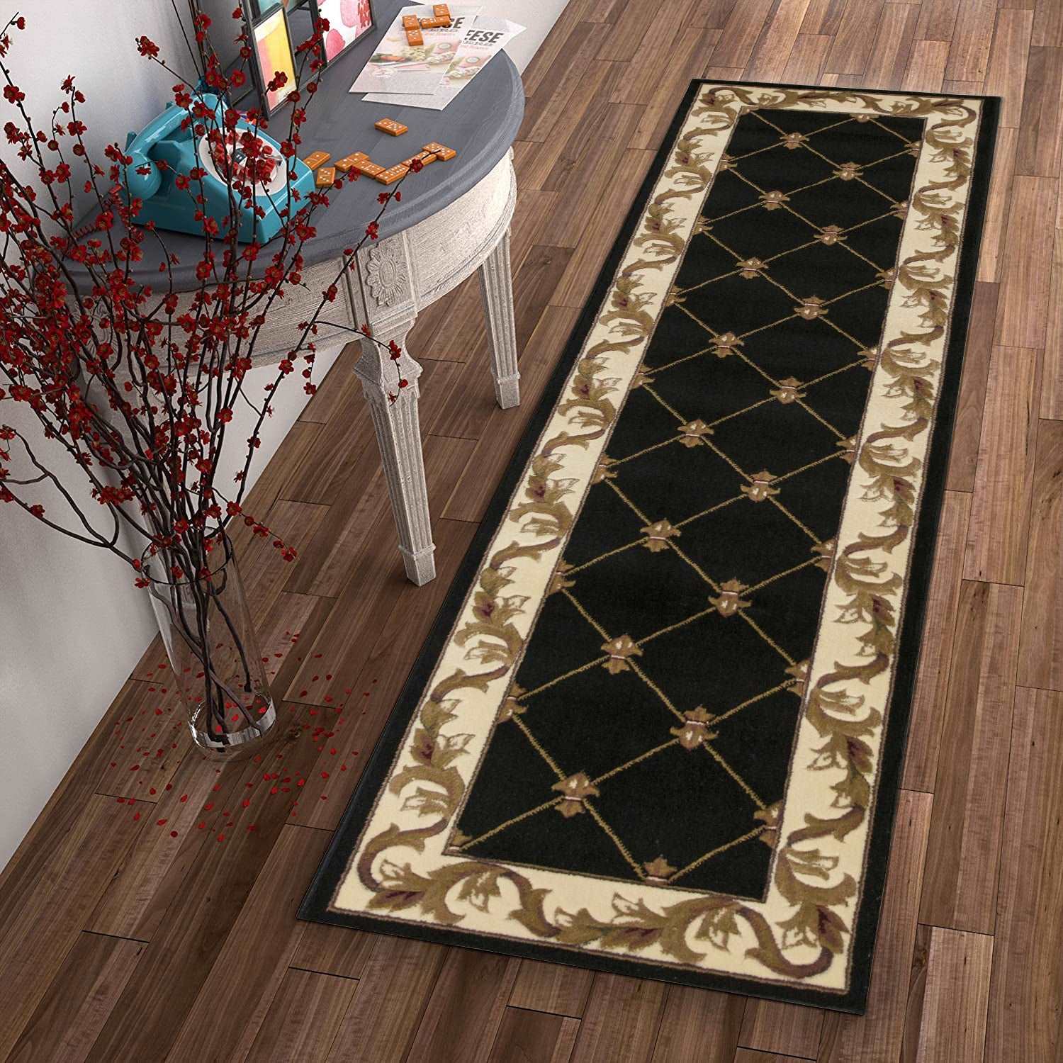 Black Fleur de Lis Runner Rug - 2' x 8'