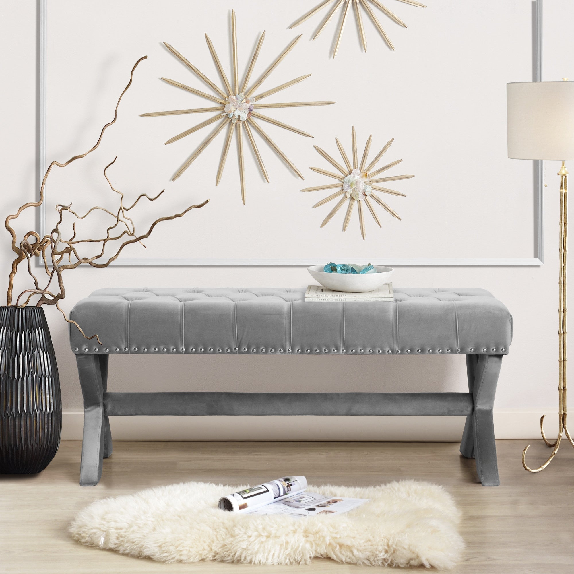 20" Gray Upholstered Velvet Bedroom Bench