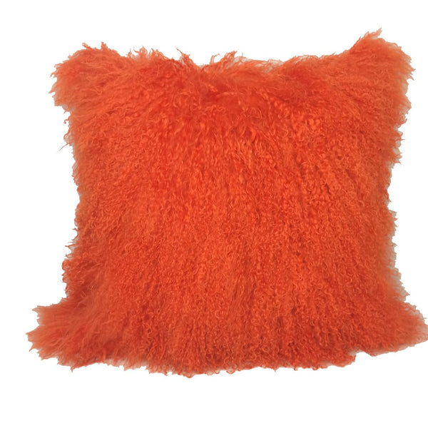 Orange Genuine Tibetan Lamb Fur Pillow with Microsuede Backing 20"