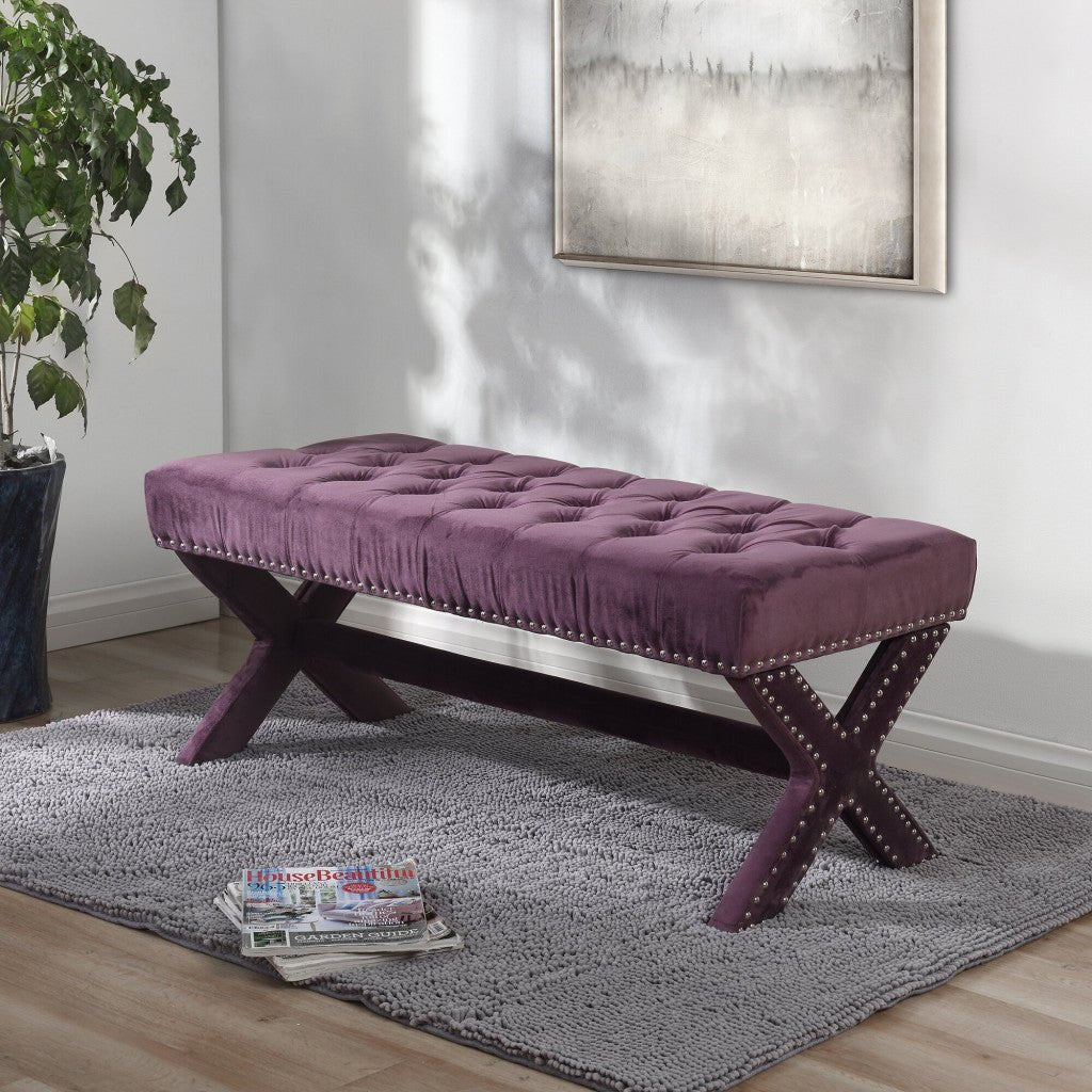 20" Purple And Plum Upholstered Velvet Bedroom Bench